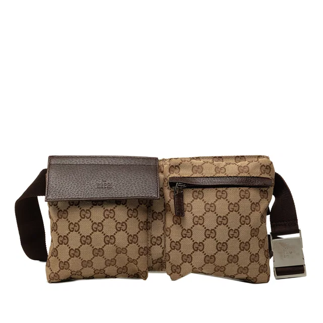 Beige Gucci GG Canvas Double Pocket Belt Bag in Beige Canvas from Designer Revival