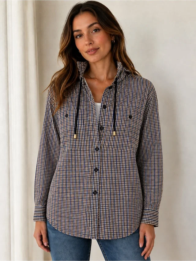 Escada Sport Women’s Gingham Hooded Lightweight Button Down Jacket Size S in blue|brown|red from Poshmark
