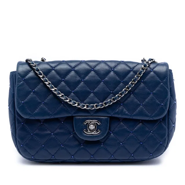 Blue Chanel Small Quilted Lambskin Beaded Single Flap Shoulder Bag in Blue Lambskin from Designer Revival
