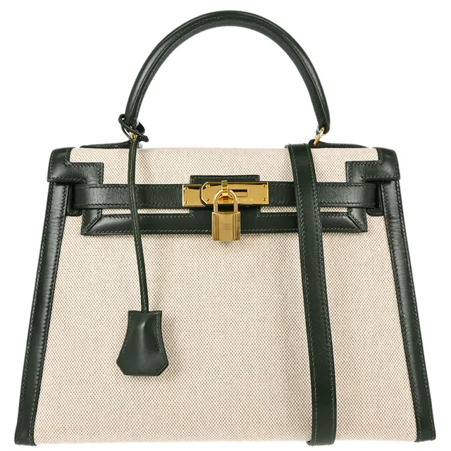 Hermès Beige Green Toile H Box Calf Kelly 28 Sellier 2way Shoulder Handbag in Beige Box leather from AMORE Vintage Tokyo