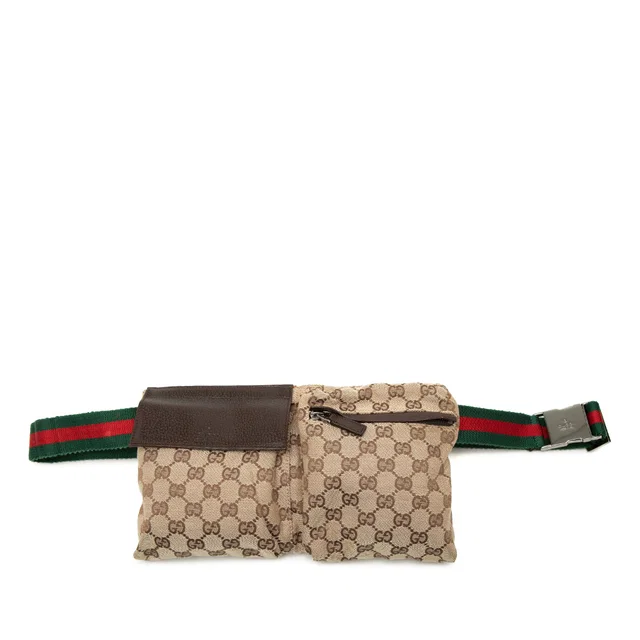 Beige Gucci GG Canvas Web Double Pocket Belt Bag in Beige Canvas from Designer Revival