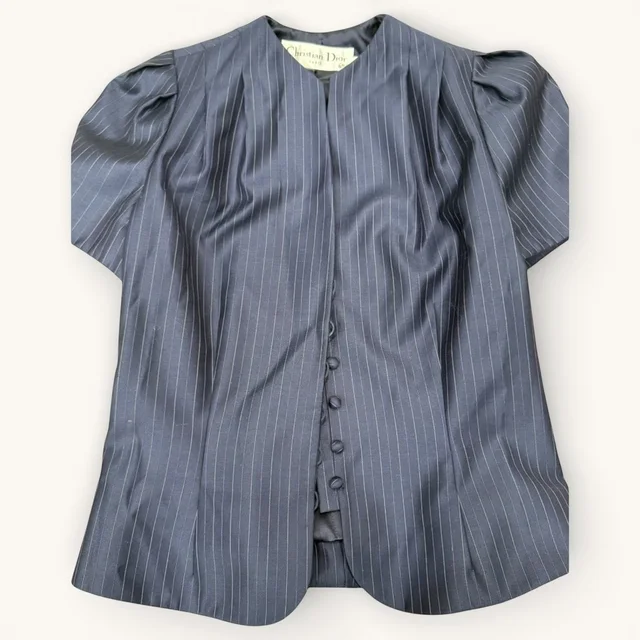 Dior Pinstripe Wool Silk Blouse Navy Blue Puff Sleeve 18” P2p Size 12 in blue Silk from Poshmark