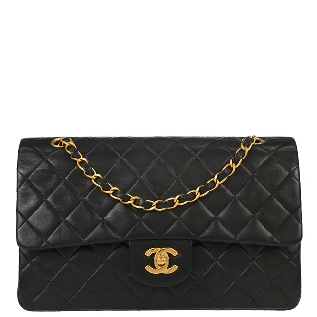Chanel 1994-1996 Black Lambskin Medium Classic Double Flap Shoulder Bag in Black Lambskin from AMORE Vintage Tokyo