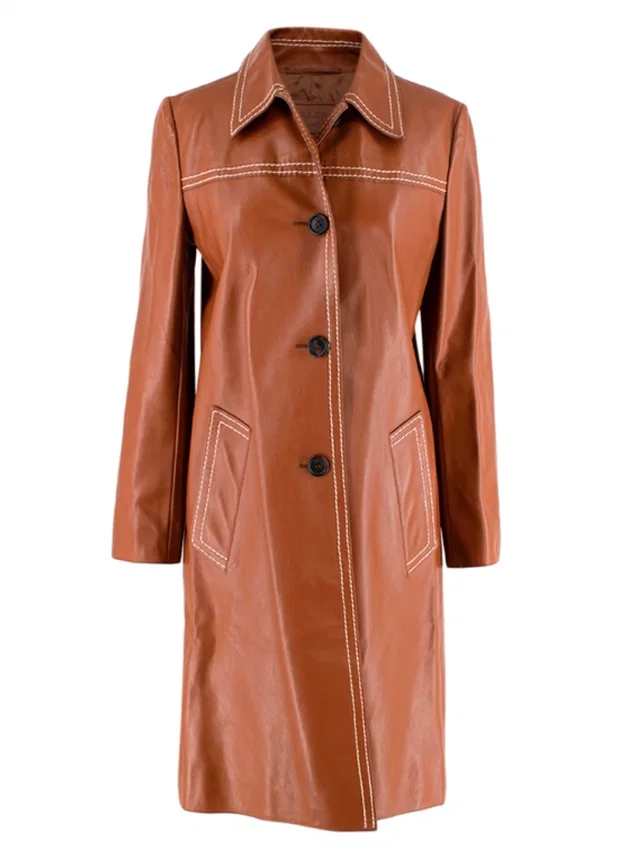 Prada Tan Topstich Leather Coat in Brown Leather from HEWI