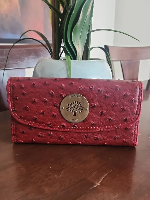 Mulberry Ostrich Embossed Leather Wallet Gold Tree Medallion Flap in red Ostrich from Poshmark