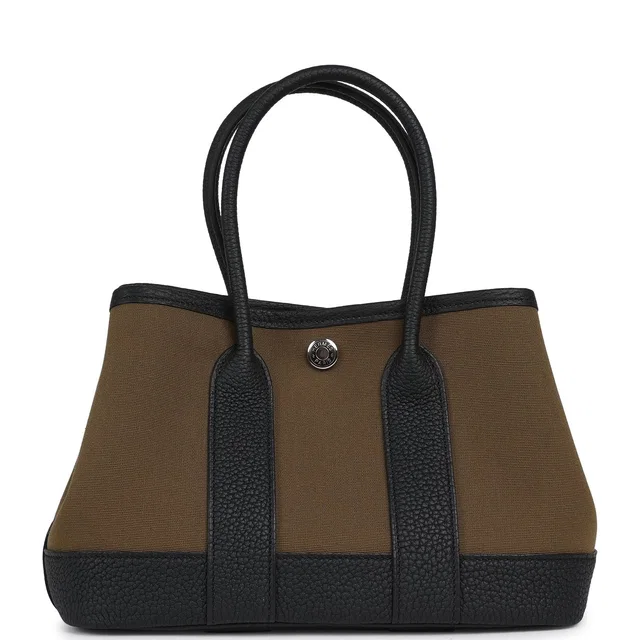 Hermès Garden Party Neo 23 Vert Olive Toile Officier Canvas and Black Negonda Palladium Hardware in Black Canvas from Madison Avenue Couture