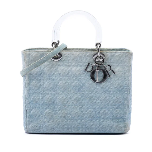 Blue Dior Large Denim Cannage Acrylic Handles Lady Dior Satchel in Blue Denim from Designer Revival