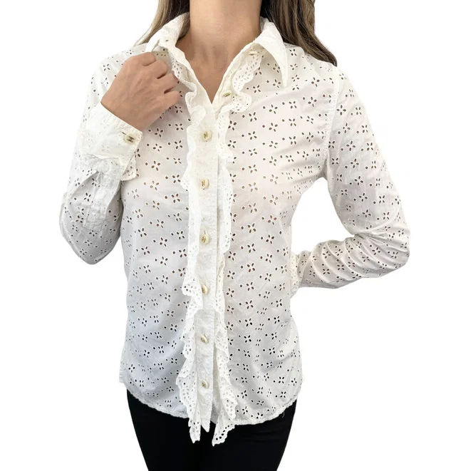 Chanel Vintage CC Punching Shirt Top Frill Button Up Blouse White Cotton RankAB in White from Luxury Promise