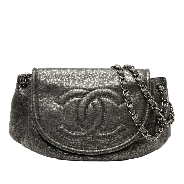 Gray Chanel Large Metallic Caviar Half Moon Flap Shoulder Bag in Grey Caviar leather from Designer Revival