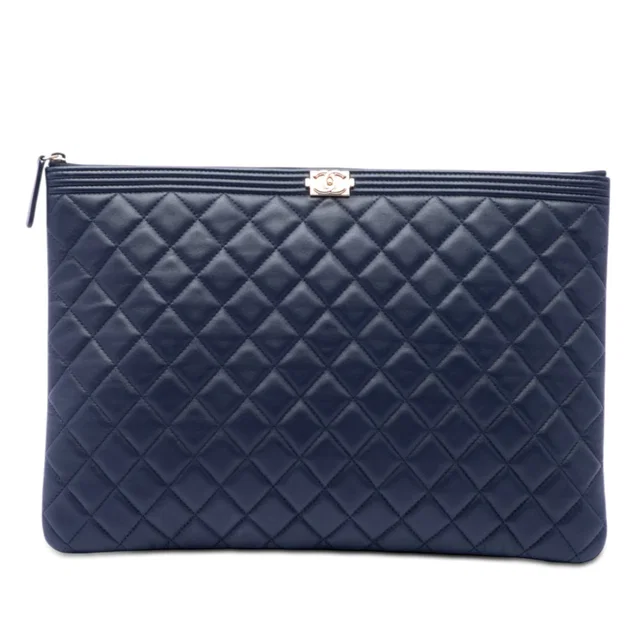 Blue Chanel Large Quilted Lambskin Boy O Case Clutch in Blue Lambskin from Designer Revival