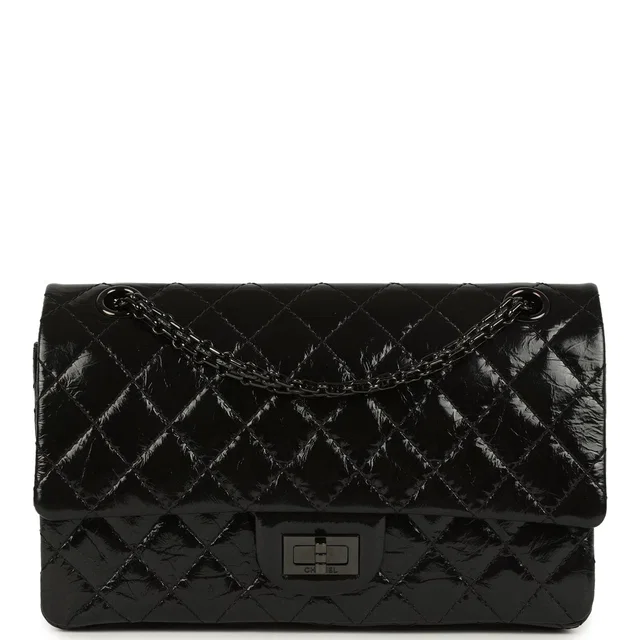 Chanel Small Reissue 225 2.55 Double Flap Bag So Black Shiny Crumpled Calfskin Black Hardware in Black Calfskin from Madison Avenue Couture