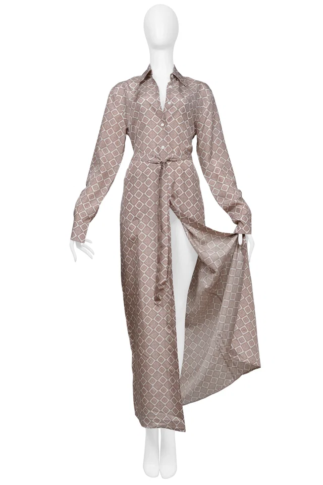 Prada Brown And White Silk Robe Dress With Diamond Print in Brown Silk from Resurrection Vintage
