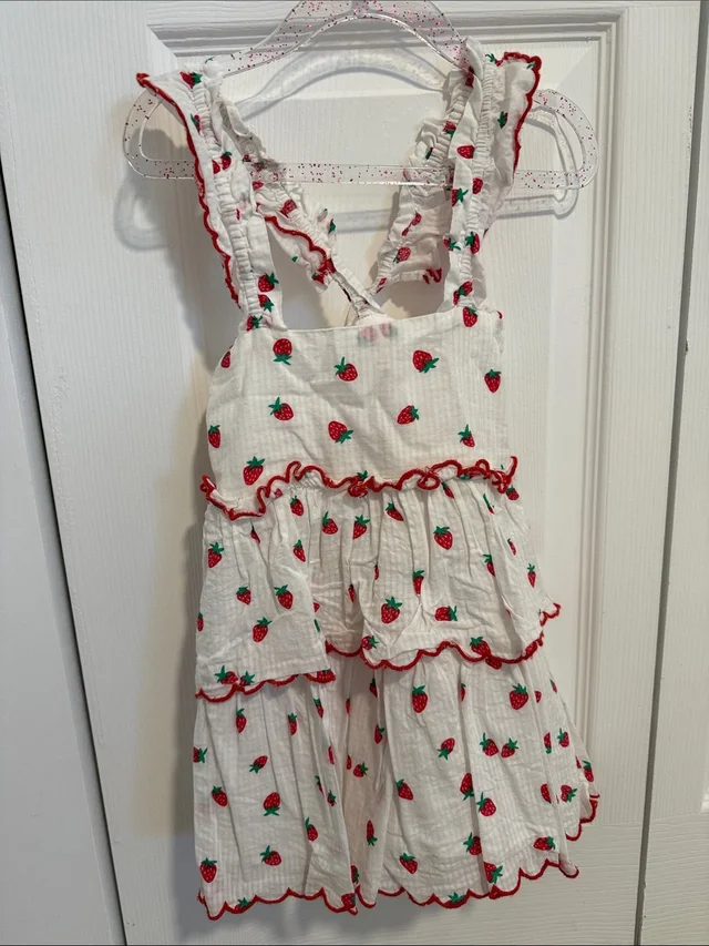 Stella McCartney White Strawberry Print Tiered Dress With Red Trim in red|white from Poshmark