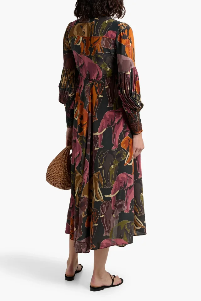 Farm Rio Gathered Crepe de Chine Midi Dress in Green, photo 3 of 4 from THE OUTNET