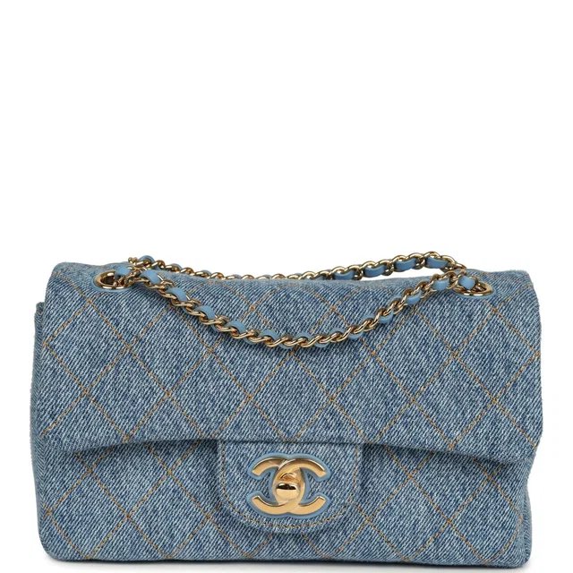 Chanel Mini "Souplissimo" Flap Bag Blue Denim Gold Hardware in Blue Denim from Madison Avenue Couture