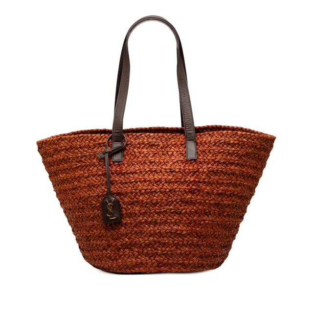Brown Saint Laurent Medium Raffia Panier Basket Shopper Tote in Brown Raffia from Designer Revival