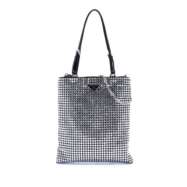 Black Prada Satin Crystal Embellished Chain Flat Tote Satchel in Black Satin from Designer Revival