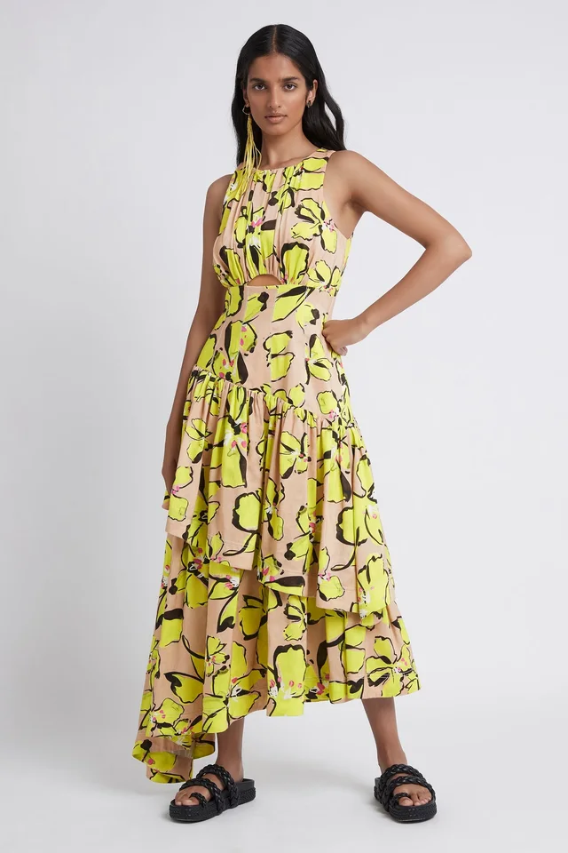 AJE Pelicano Citrus Bloom Racer Asymmetric Tiered Dress from Aje, photo 1 of 1