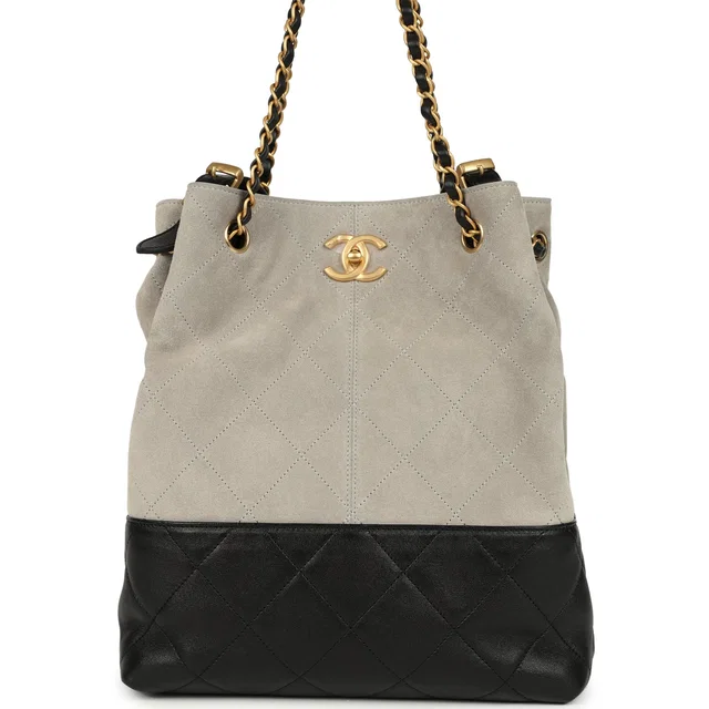 Chanel Coco Shopping Bag Dark Grey Suede and Black Shiny Lambskin Brushed Gold Hardware in Black Lambskin from Madison Avenue Couture