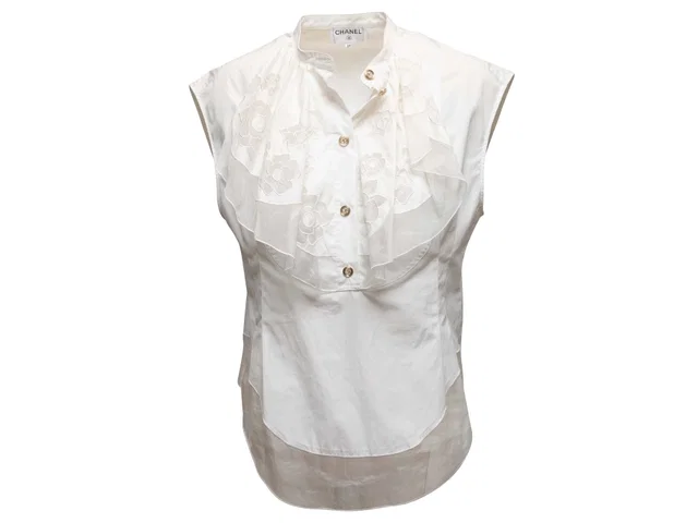 White Chanel Sleeveless Ruffle-Trimmed Top Size FR 38 in White from Designer Revival