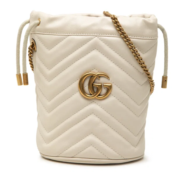 White Gucci Small GG Marmont Matelasse Calfskin Bucket Bag in White Calfskin from Designer Revival