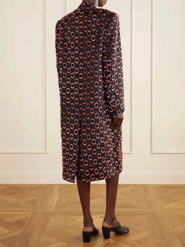 DRIES VAN NOTEN Double-breasted polka-dot fil-coupé silk-blend coat in black 69% Viscose 31% Silk, photo 4 of 5 from NET-A-PORTER (Canada)
