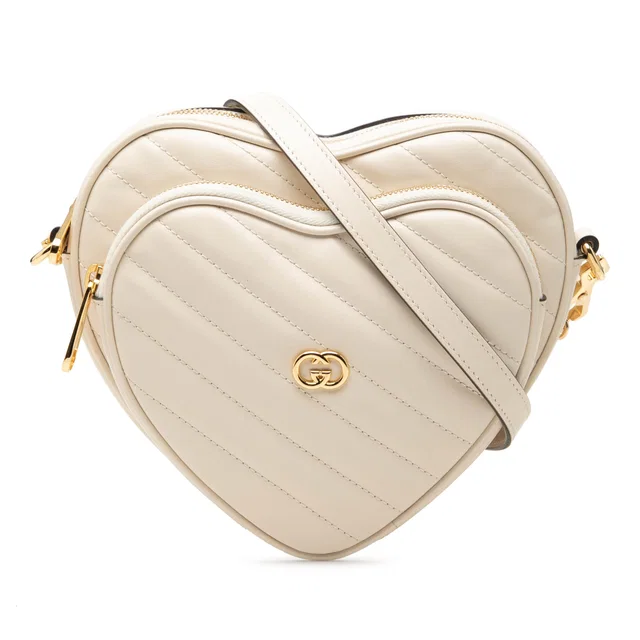 White Gucci Mini Matelasse Diagonal Calfskin Interlocking G Heart Crossbody in White Calfskin from Designer Revival
