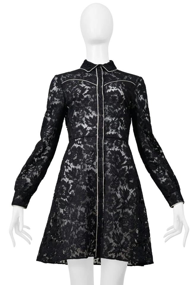 Valentino Garavani Black Lace Western Dress With White Piping in Black Woven leather from Resurrection Vintage