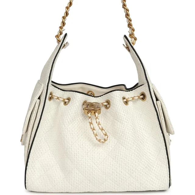 Chanel Small 25 Hobo Bag White Raffia and Black Calfskin Antique Gold Hardware in Black Calfskin from Madison Avenue Couture
