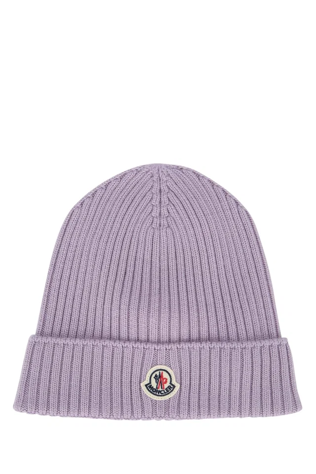 Moncler Hat Ribbed Virgin Wool Beanie — Purple Base Fabric: Beanies in Purple Wool from HEWI