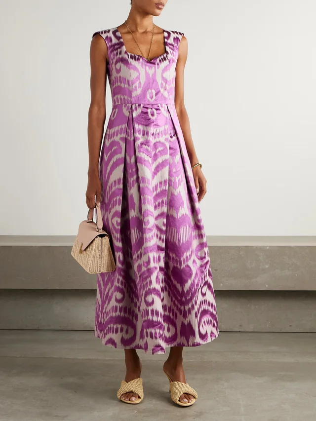 MARTA FERRI Guenda pleated cotton, silk and linen-blend jacquard midi dress in Pink, photo 2 of 2 from NET-A-PORTER (Canada)