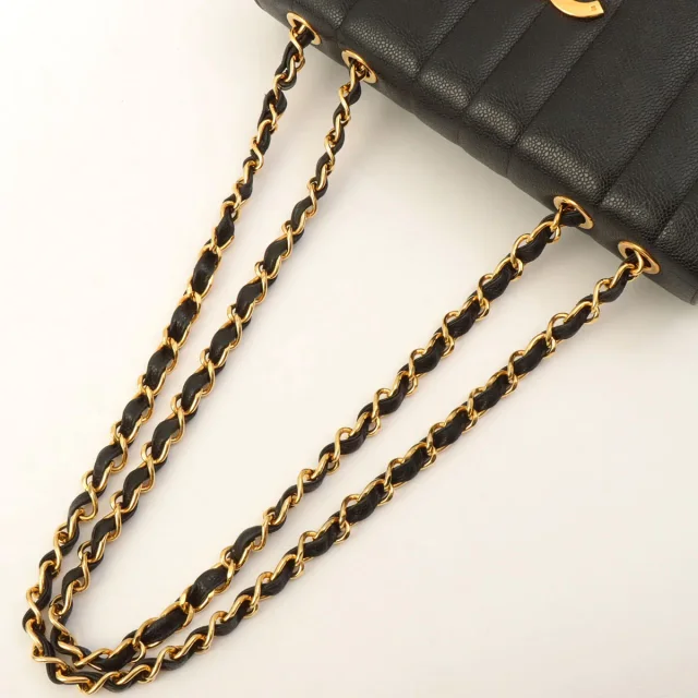 Chanel Circa 1995 Caviar Skin Mademoiselle Stitch CC Turnlock Chain Shoulder Bag Black in Black Caviar leather from VINTAGE QOO TOKYO, photo 12 of 17