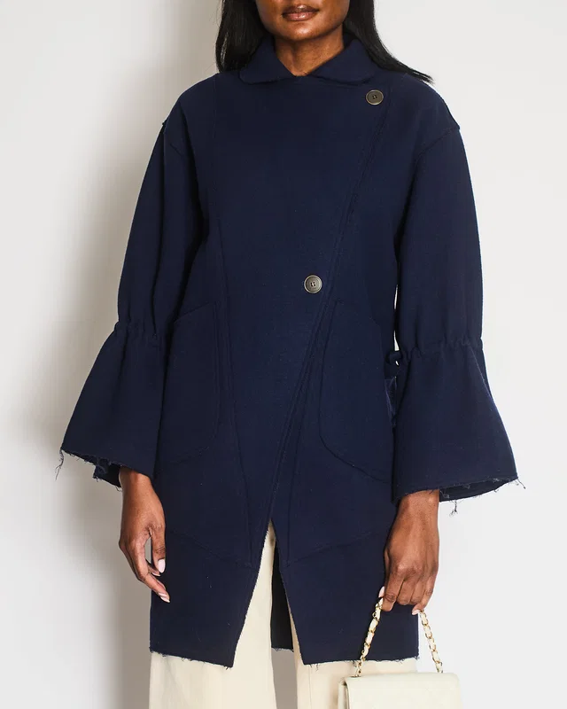Fendi Navy Wool Coat with Raw Hems and Gathered Sleeves with Bow Detail Size IT 38 (UK 6) in Navy Wool from Sellier