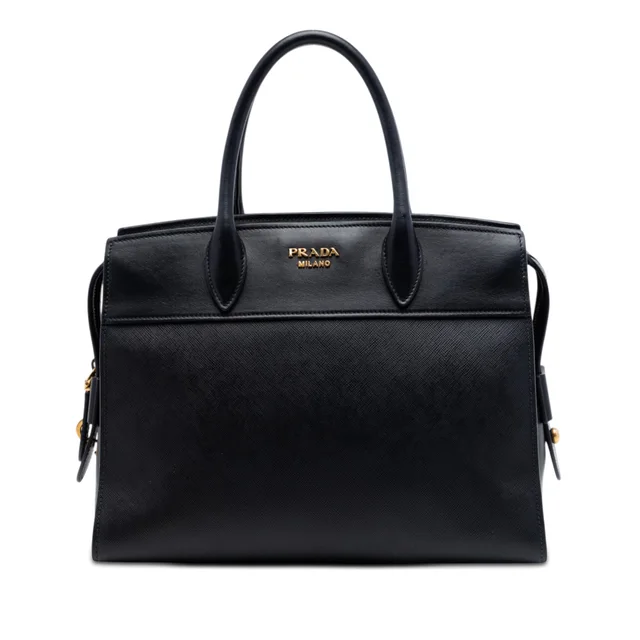 Black Prada Saffiano and City Calf Esplanade Satchel in Black Saffiano leather from Designer Revival