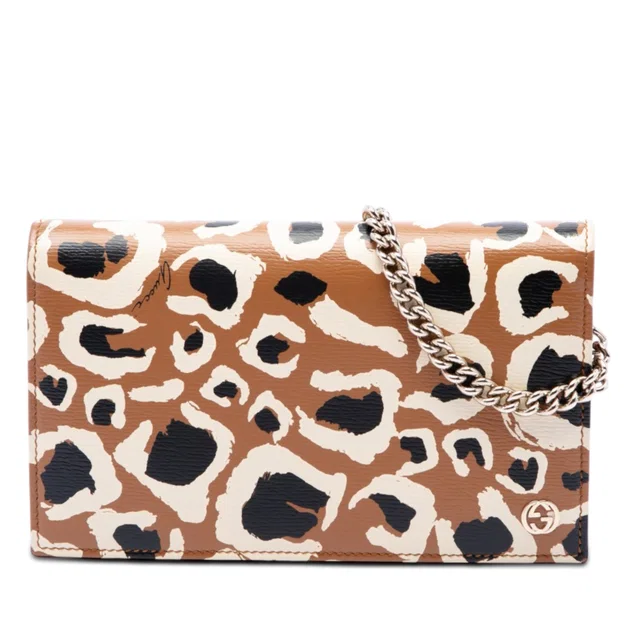 Brown Gucci Calfskin Leopard Print Betty Wallet On Chain Crossbody Bag in Brown Calfskin from Designer Revival