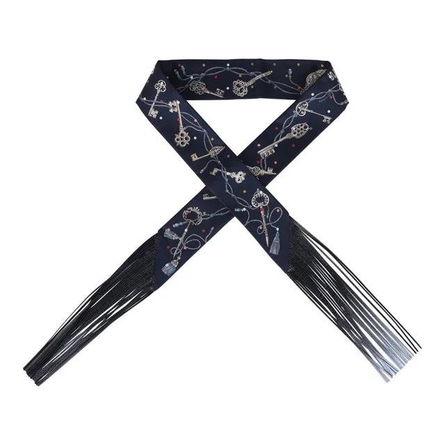 Hermès "Les Cles a Pois" Bleu Marine, Gris Argent and Multicolore Fringe Silk Twilly in Navy Silk from Madison Avenue Couture