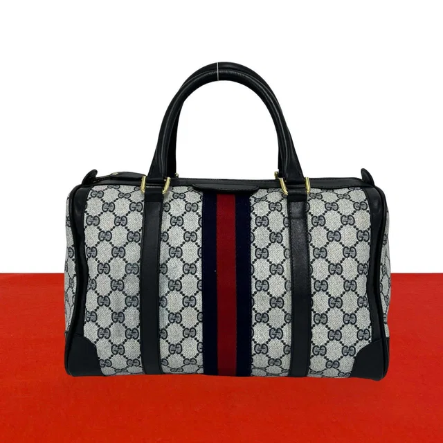 Gucci Vintage Sherry Line GG Pattern Leather Mini Boston Bag Navy in Navy Leather from The Reluxe