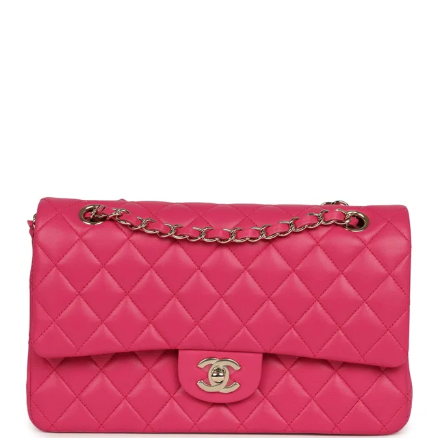 Chanel Medium Classic Double Flap Bag Dark Pink Lambskin Light Gold Hardware in Pink Lambskin from Madison Avenue Couture