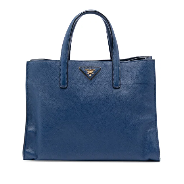 Blue Prada Saffiano Soft Triple Pocket Tote Satchel in Blue Saffiano leather from Designer Revival