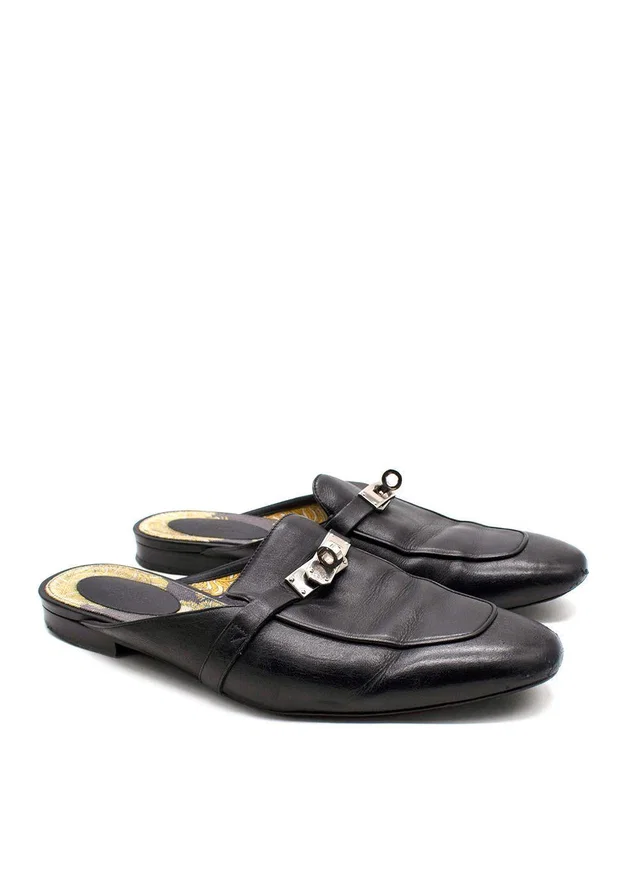 Hermès Black Leather Oz Flat Mules in Black Leather from HEWI