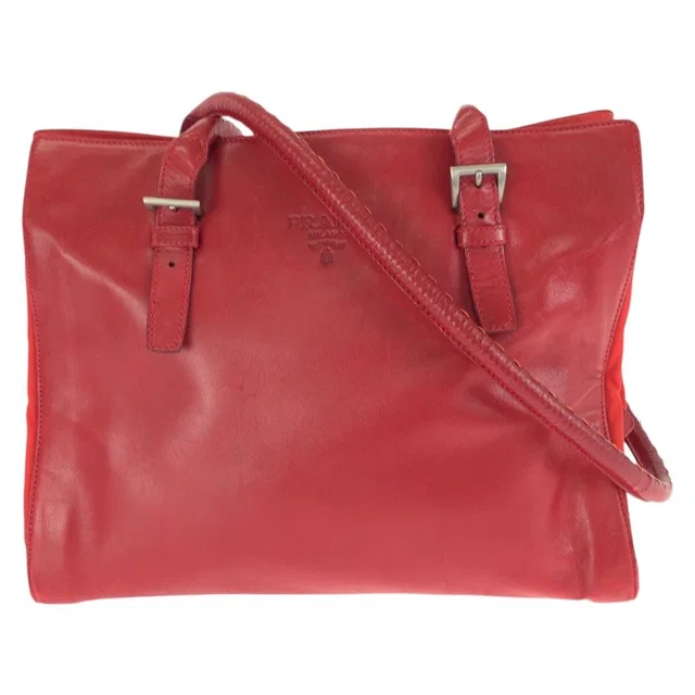 Prada Tessuto Red Silver Leather Nylon Shoulder Bag Tote in Red Nylon from The Reluxe