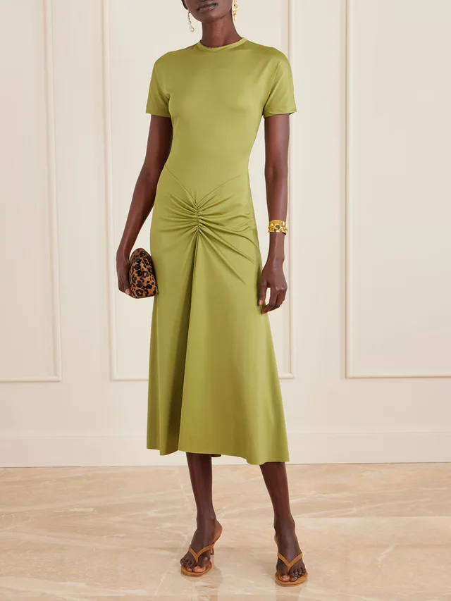 VICTORIA BECKHAM Gathered satin-jersey midi dress in Green, photo 2 of 2 from NET-A-PORTER (Canada)