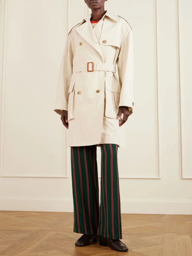DRIES VAN NOTEN Double-breasted belted striped cotton-blend trench coat in ivory 74% Cotton 26% Paper Yarn, photo 3 of 5 from NET-A-PORTER (Canada)