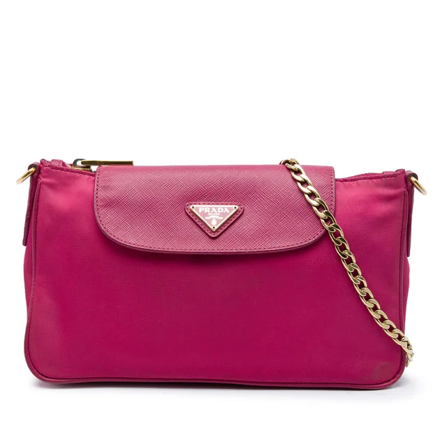Pink Prada Saffiano Trimmed Tessuto Chain Crossbody in Pink Saffiano leather from Designer Revival