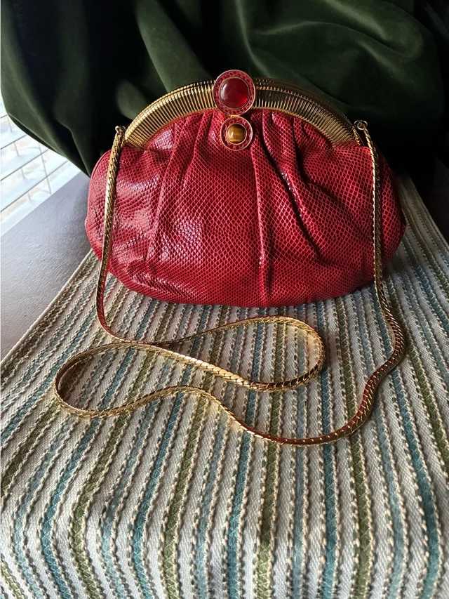 Judith Leiber Red Lizard-Textured Evening Clutch in red|gold Lizard from Poshmark