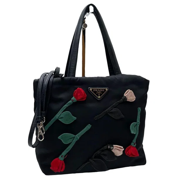 Prada Nylon Leather Flower Shoulder Bag 2-Way in Nylon from The Reluxe