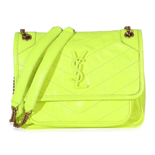 Saint Laurent Yellow Crinkled Calfskin Matelasse Baby Niki Chain Satchel Leather Handbag in Yellow Calfskin from HEWI