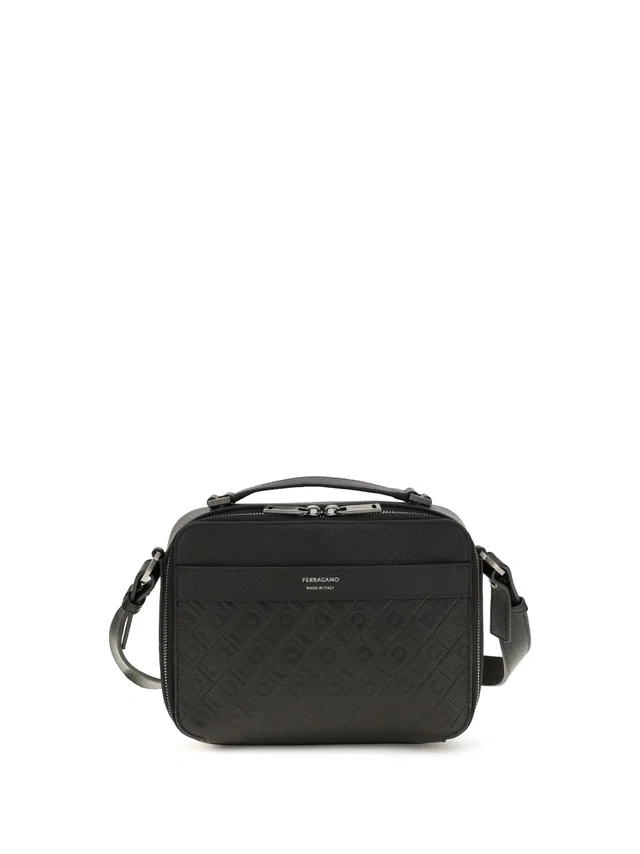 Ferragamo Embossed Gancini Pattern Crossbody Bag — Black Calf Leather Bos Taurus in Black Calfskin from HEWI