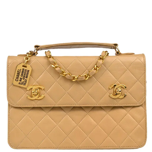 Chanel 1989-1991 Beige Lambskin Double Turnlock Shoulder Bag in Beige Lambskin from AMORE Vintage Tokyo