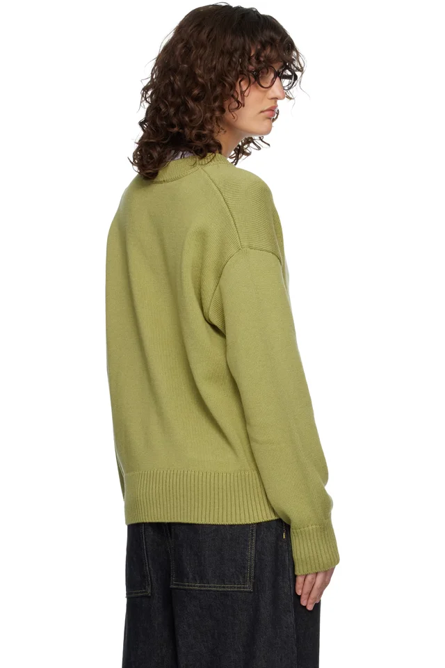 AMI Paris Green Wool Crewneck Ami de Coeur Cardigan, photo 3 of 4 from SSENSE